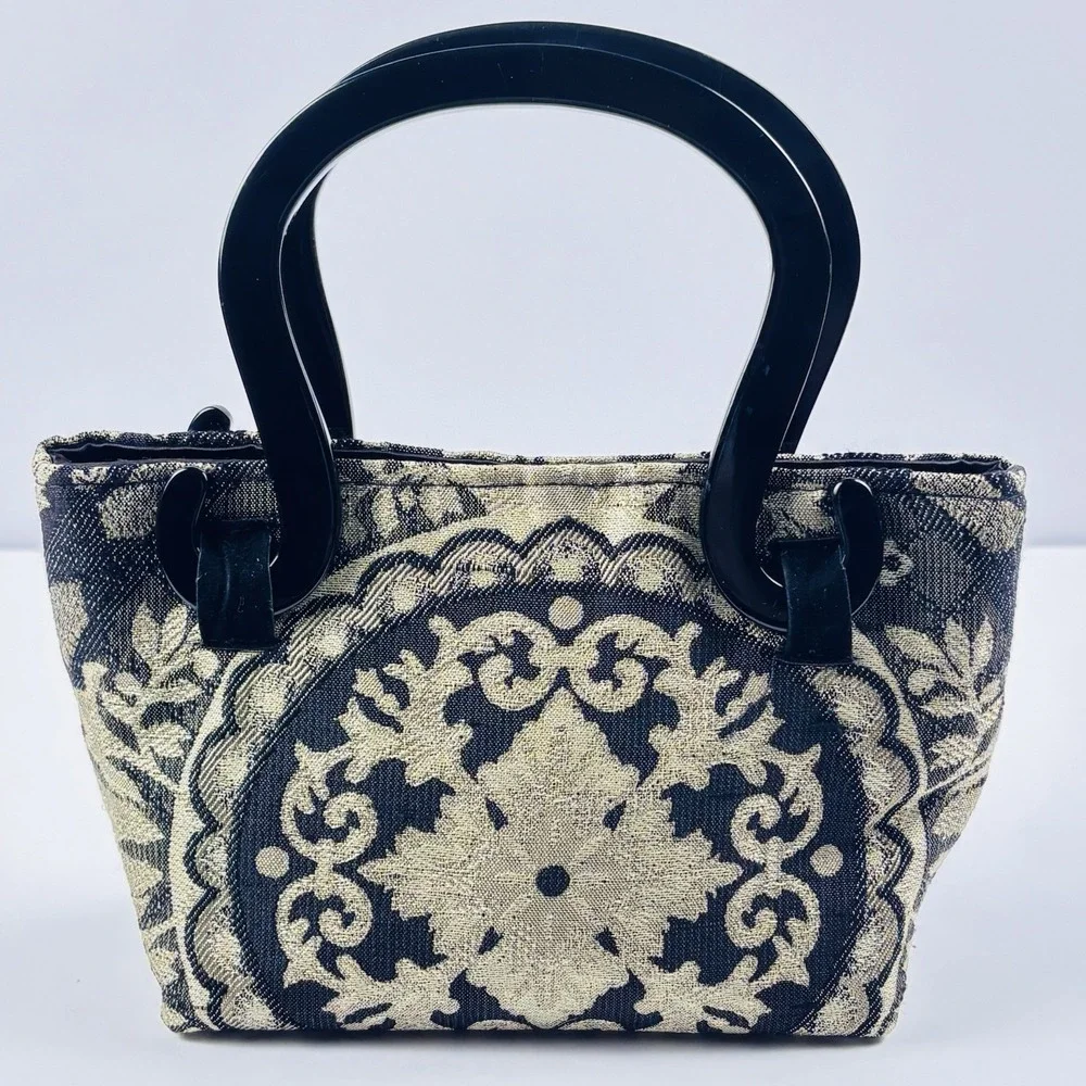 Sonia Rose Tapestry Purse Gothic Black Bag Plastic Handles‎ Victorian Carpet Bag